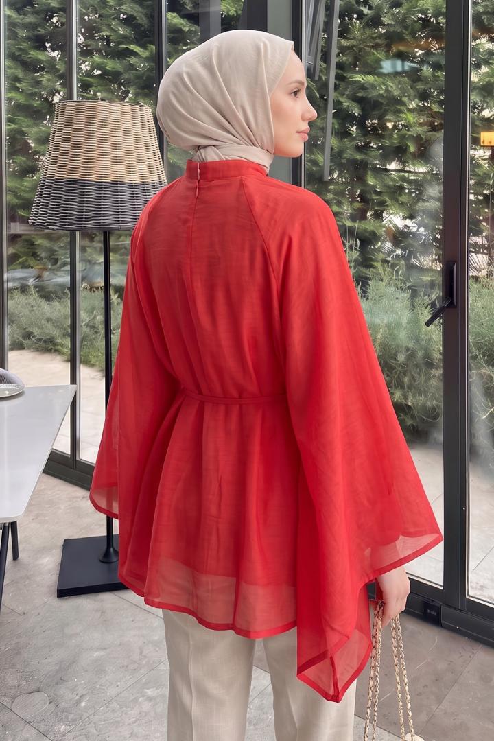 Büzgülü Reglan Kol Tunik Y0150 - KIRMIZI | Salih Çelebi 