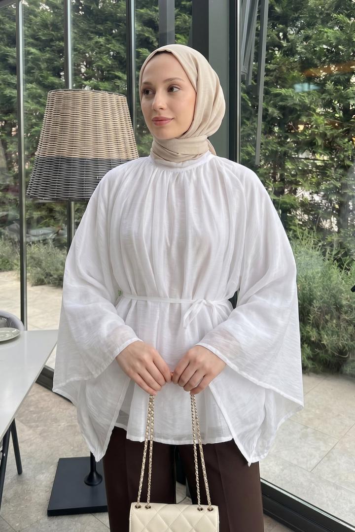 Büzgülü Reglan Kol Tunik Y0150 - BEYAZ |  