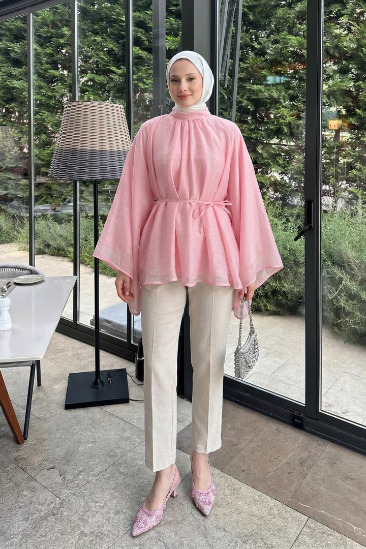 Büzgülü Reglan Kol Tunik Y0150 - PEMBE |  