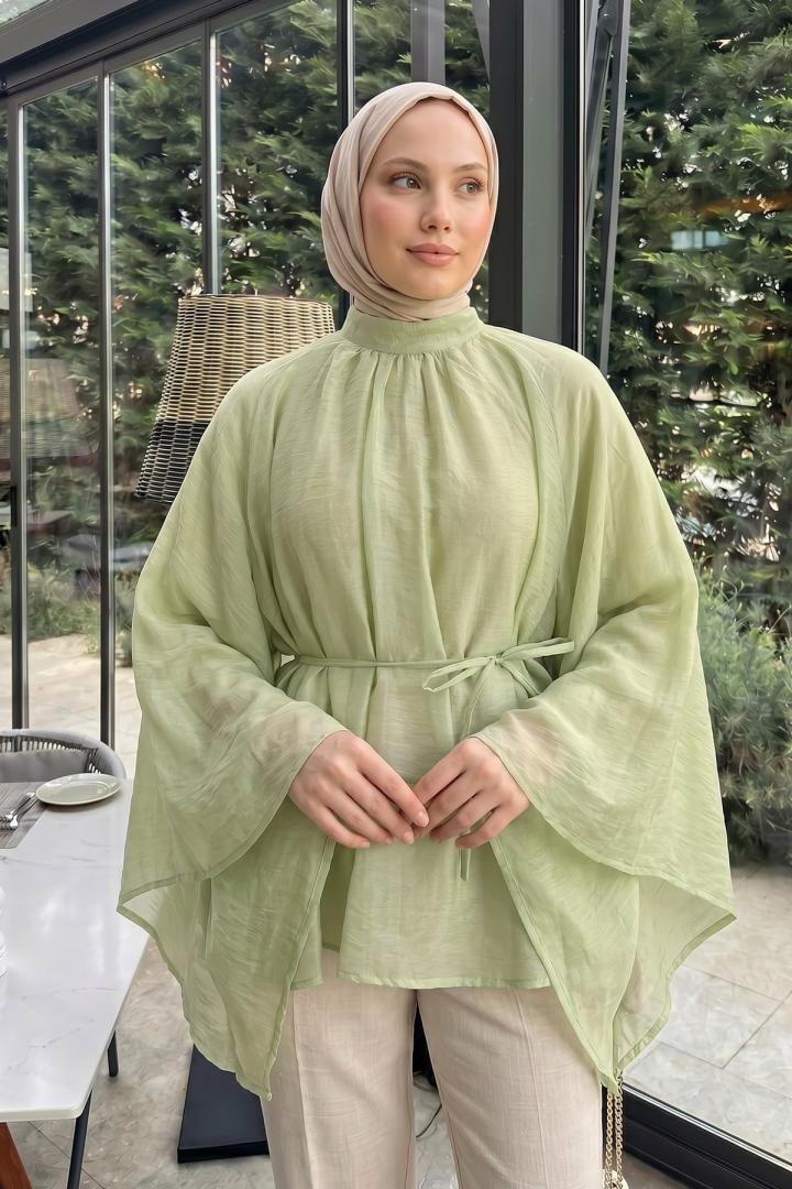 Büzgülü Reglan Kol Tunik Y0150 - ÇAĞLA YEŞİLİ |  