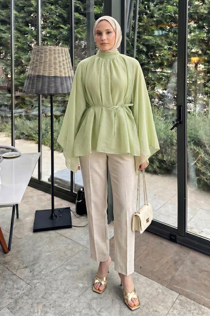 Büzgülü Reglan Kol Tunik Y0150 - ÇAĞLA YEŞİLİ |  