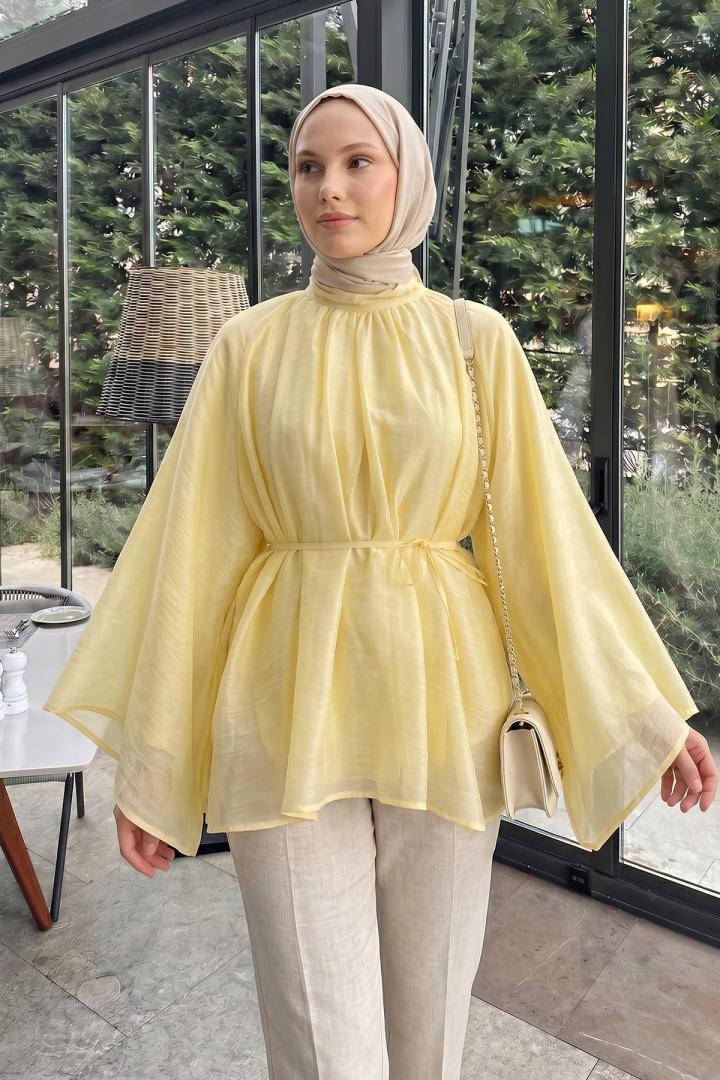 Büzgülü Reglan Kol Tunik Y0150 - SARI | Salih Çelebi 