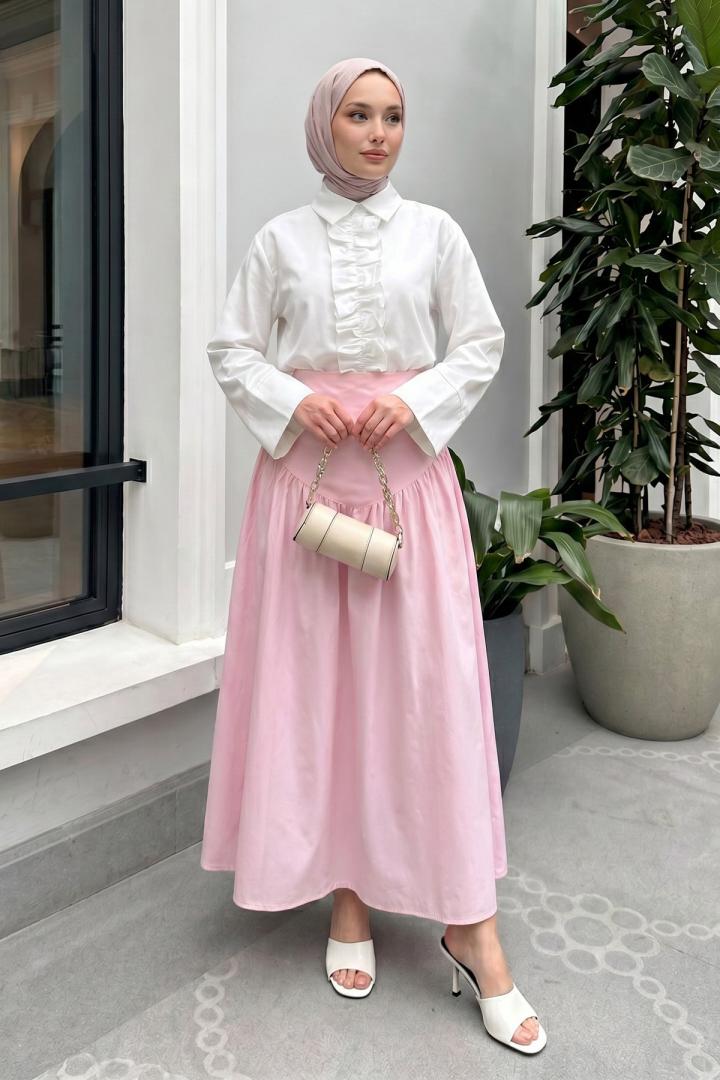 Bel Korsajlı Poplin Etek 26061 - AÇIK PEMBE |  