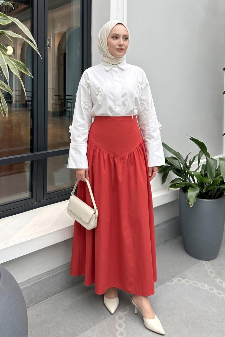 Bel Korsajlı Poplin Etek 26061 - KIRMIZI |  
