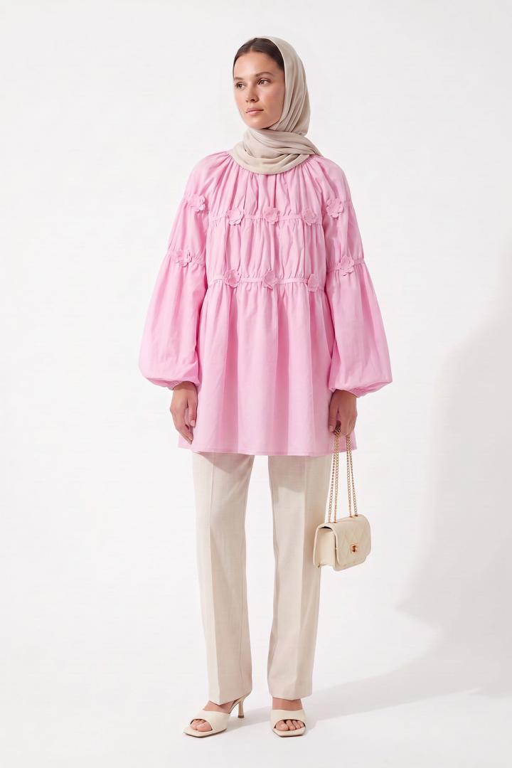 Çiçekli Büzgülü  Tunik 5501 - AÇIK PEMBE |  