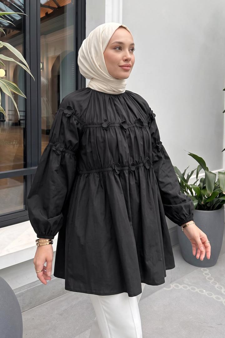 Çiçekli Büzgülü  Tunik 5501 - SİYAH |  