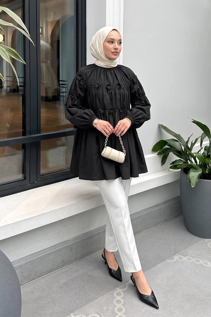 Çiçekli Büzgülü  Tunik 5501 - SİYAH |  