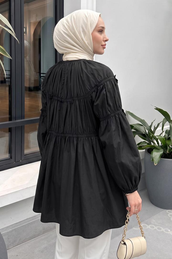Çiçekli Büzgülü  Tunik 5501 - SİYAH |  