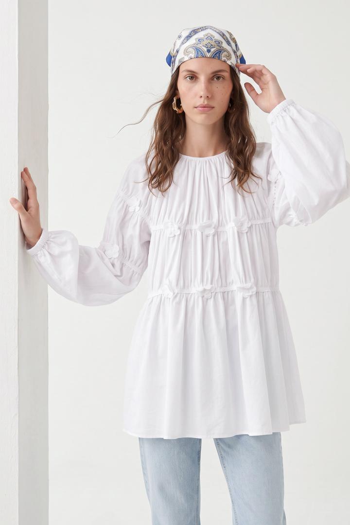 Çiçekli Büzgülü  Tunik 5501 - BEYAZ |  