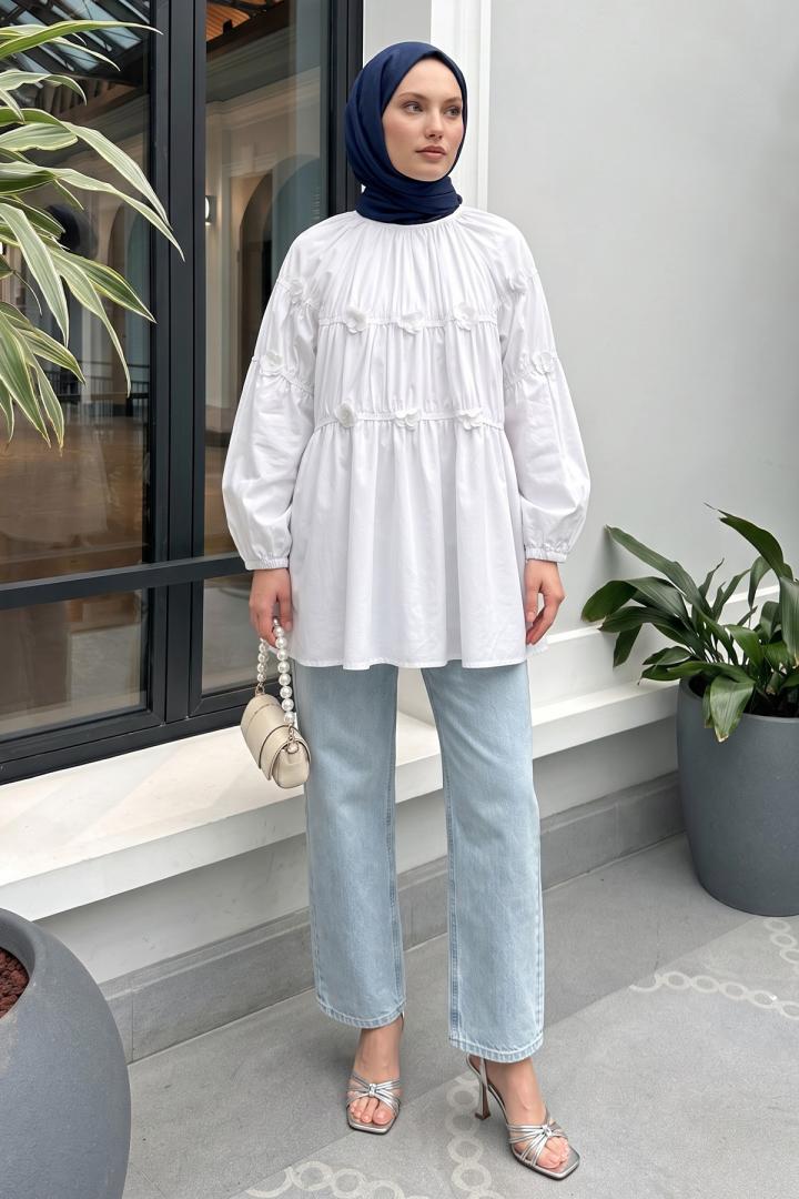 Çiçekli Büzgülü  Tunik 5501 - BEYAZ |  