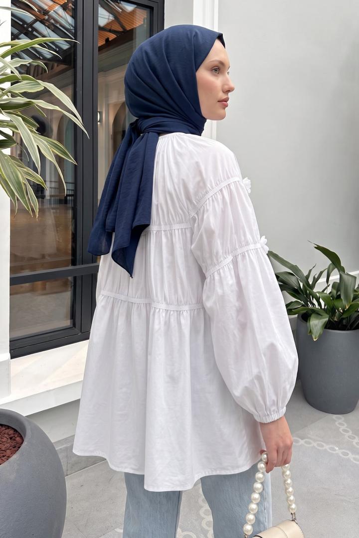 Çiçekli Büzgülü  Tunik 5501 - BEYAZ |  