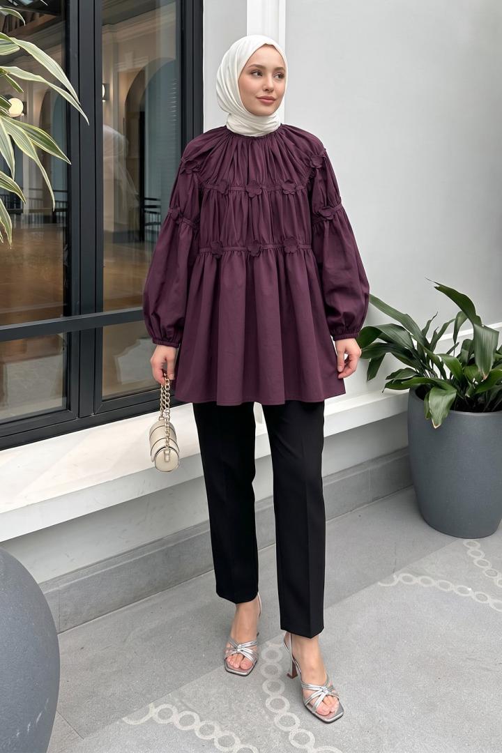 Çiçekli Büzgülü  Tunik 5501 - MÜRDÜM |  