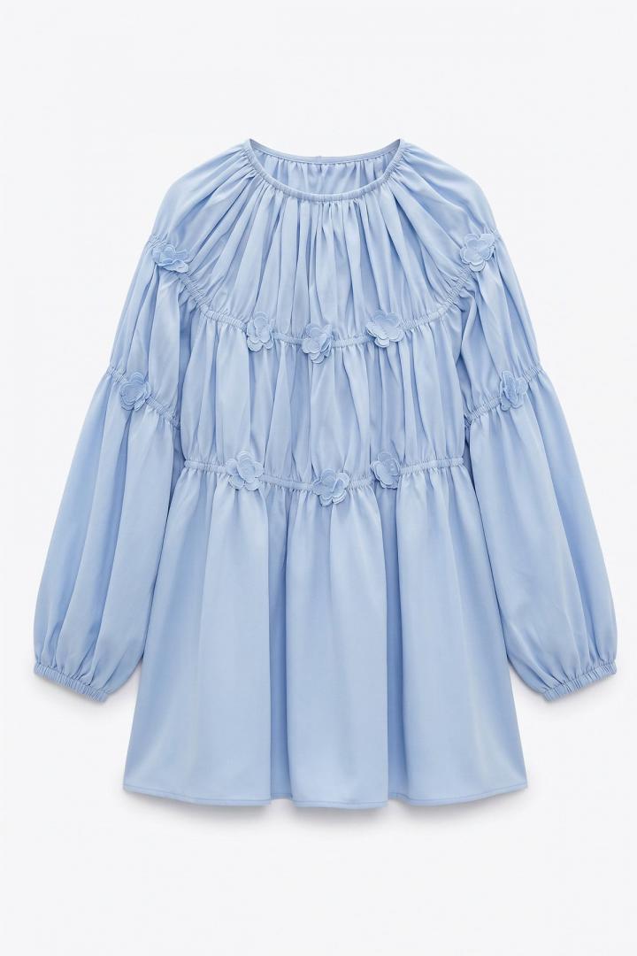 Çiçekli Büzgülü  Tunik 5501 - BEBE MAVİSİ |  