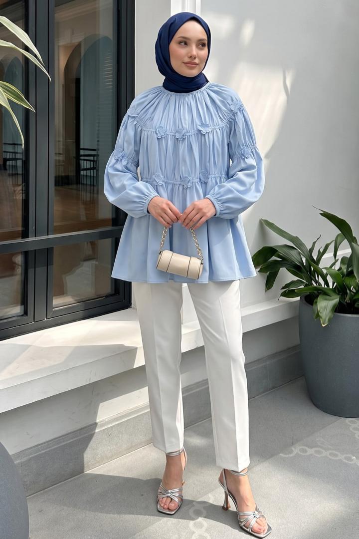Çiçekli Büzgülü  Tunik 5501 - BEBE MAVİSİ |  