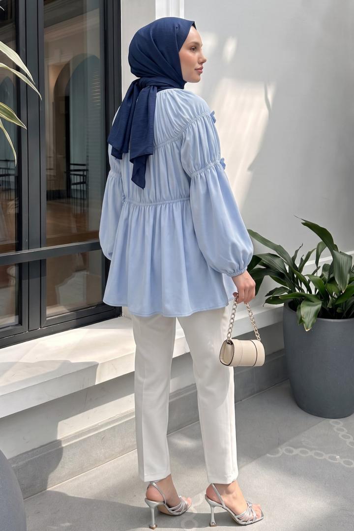 Çiçekli Büzgülü  Tunik 5501 - BEBE MAVİSİ |  