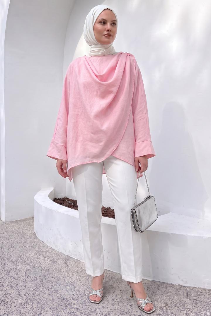 Omuz Şal Detaylı Tunik Y0156 - AÇIK PEMBE |  