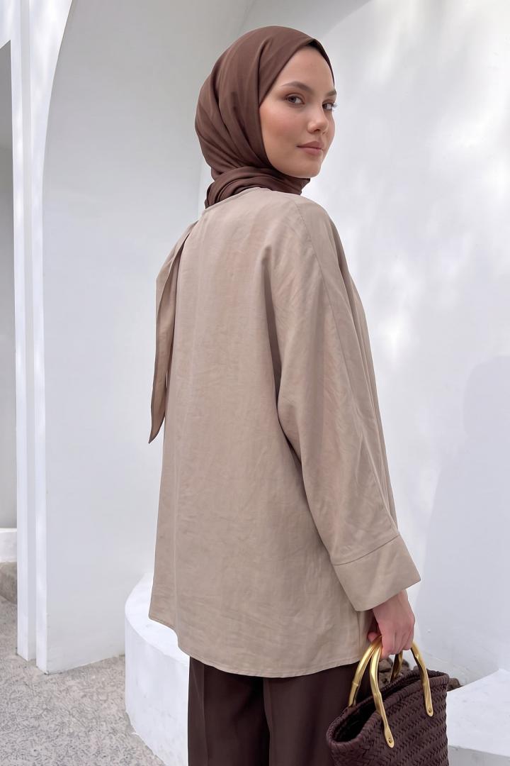 Omuz Şal Detaylı Tunik Y0156 - VİZON |  