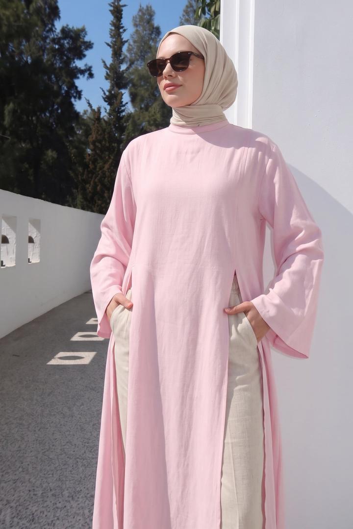  Yırtmaçlı Uzun Tunik Y0162 - AÇIK PEMBE | Salih Çelebi 