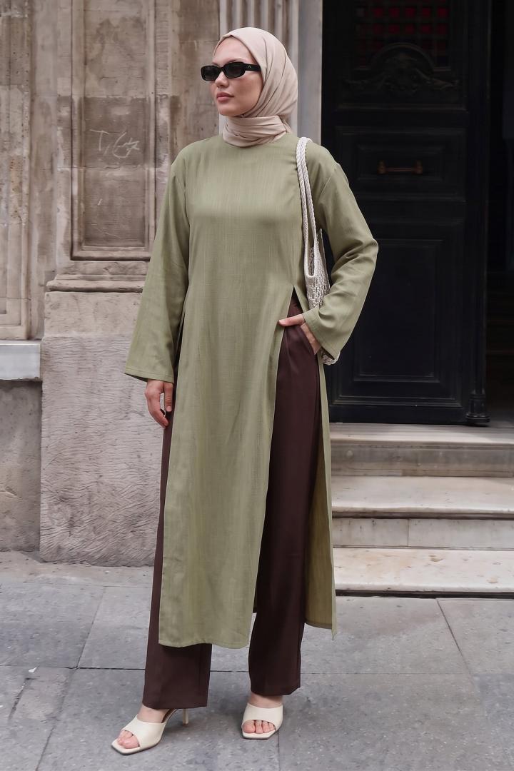  Yırtmaçlı Uzun Tunik Y0162 - HAKİ | Salih Çelebi 