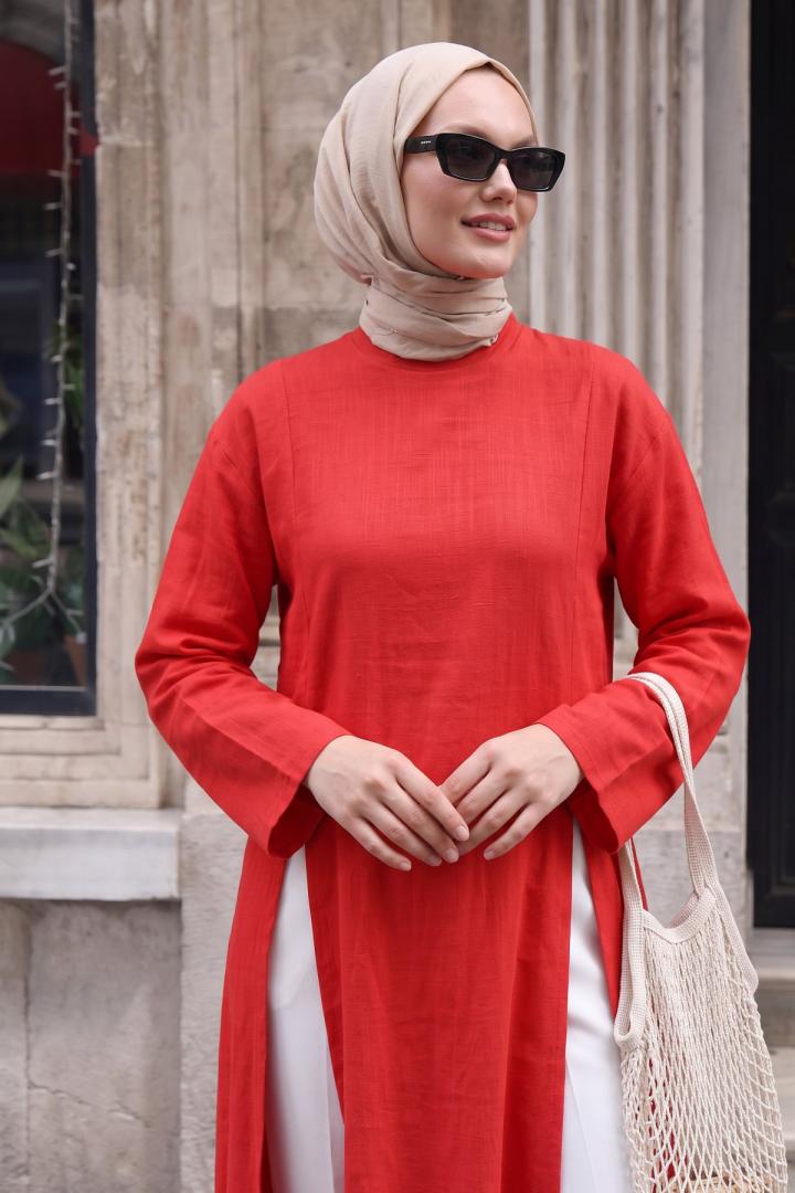  Yırtmaçlı Uzun Tunik Y0162 - KIRMIZI | Salih Çelebi 