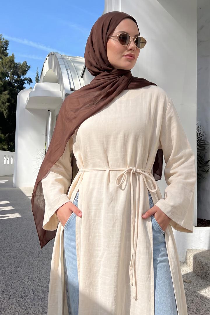  Yırtmaçlı Uzun Tunik Y0162 - EKRU |  