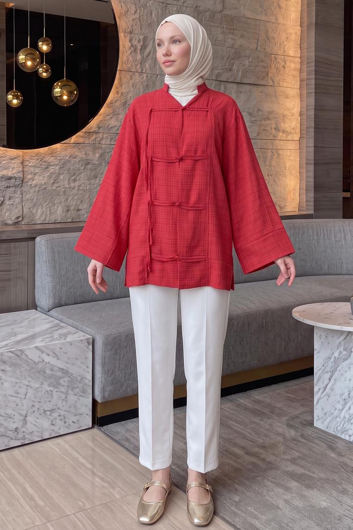 Çin Düğmeli Tunik Y0158 - KIRMIZI |  