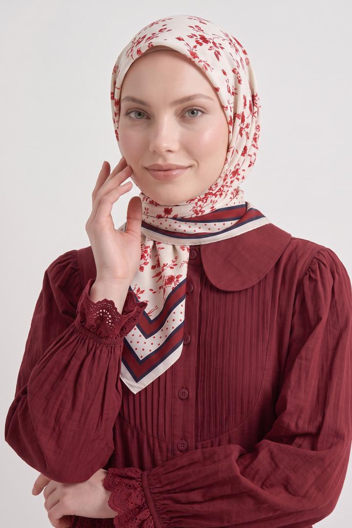 Desenli  Naida Eşarp 8039 - BORDO EKRU  |  