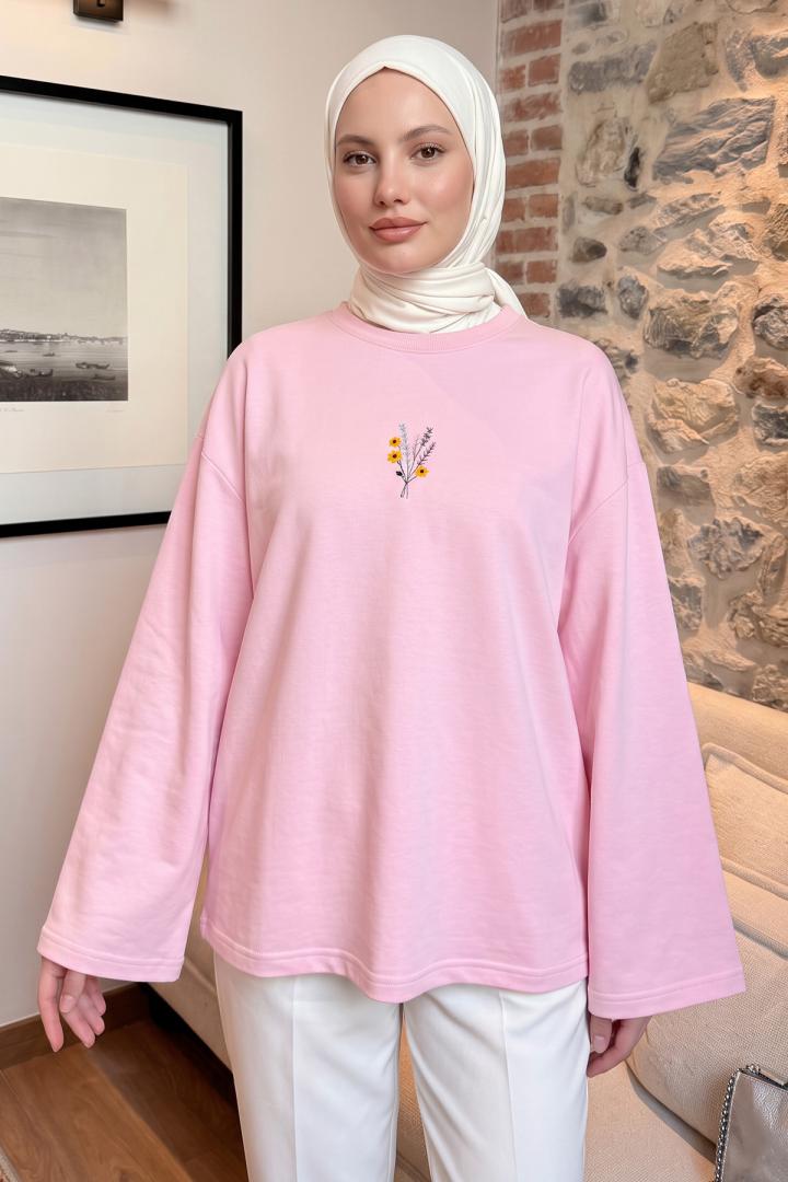 Çiçek Nakışlı Penye Bluz 13137 - AÇIK PEMBE |  