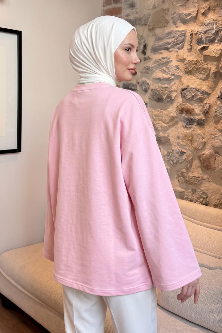 Çiçek Nakışlı Penye Bluz 13137 - AÇIK PEMBE |  