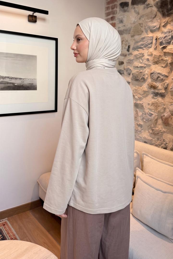 Çiçek Nakışlı Penye Bluz 13137 - BEJ |  