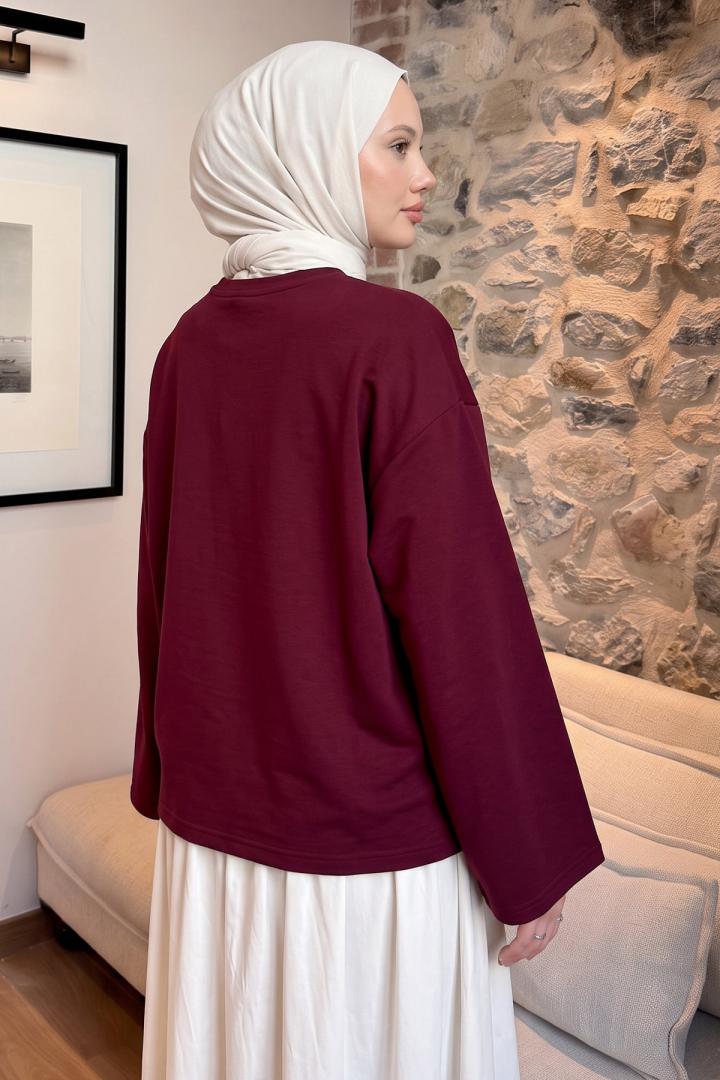 Çiçek Nakışlı Penye Bluz 13137 - BORDO |  