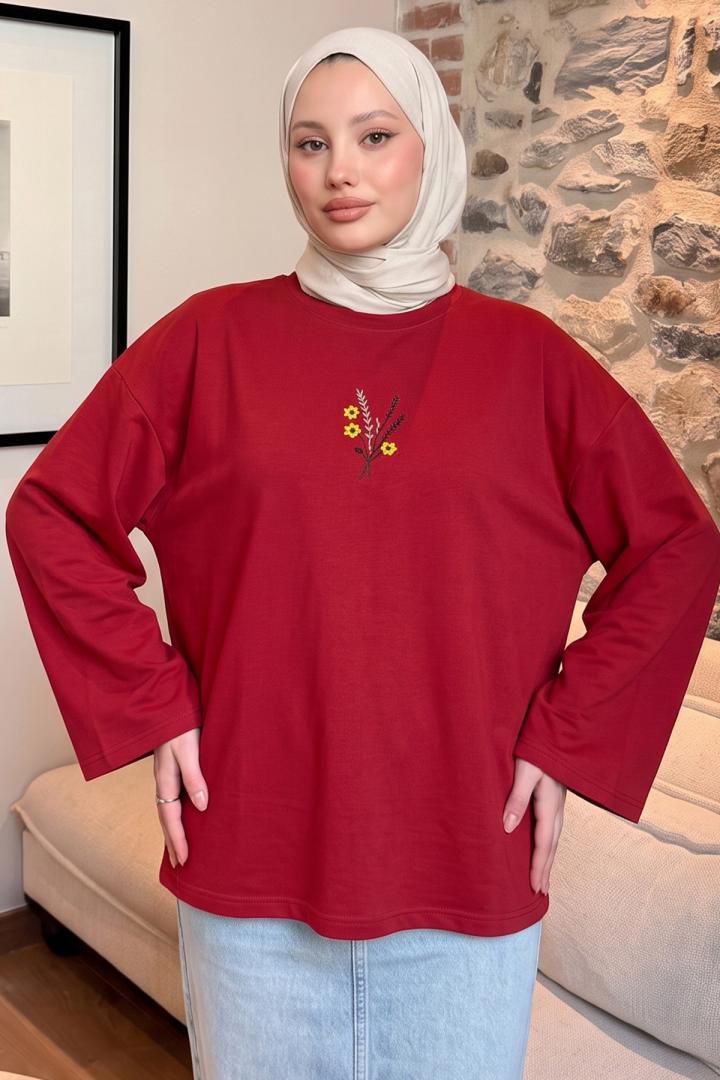 Çiçek Nakışlı Penye Bluz 13137 - KIRMIZI |  