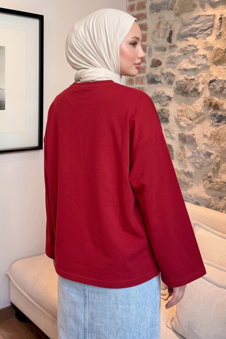 Çiçek Nakışlı Penye Bluz 13137 - KIRMIZI |  