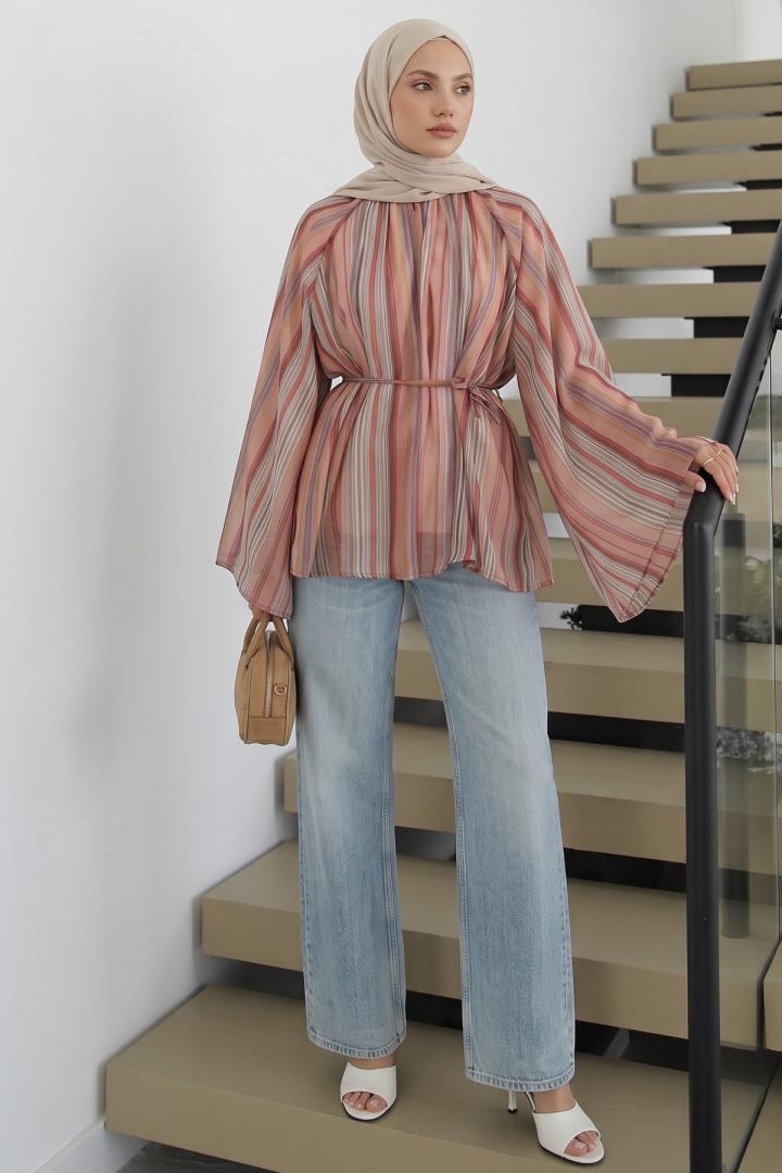 Çizgili Reglan Kol Tunik 260203 - NAR ÇİÇEĞİ |  