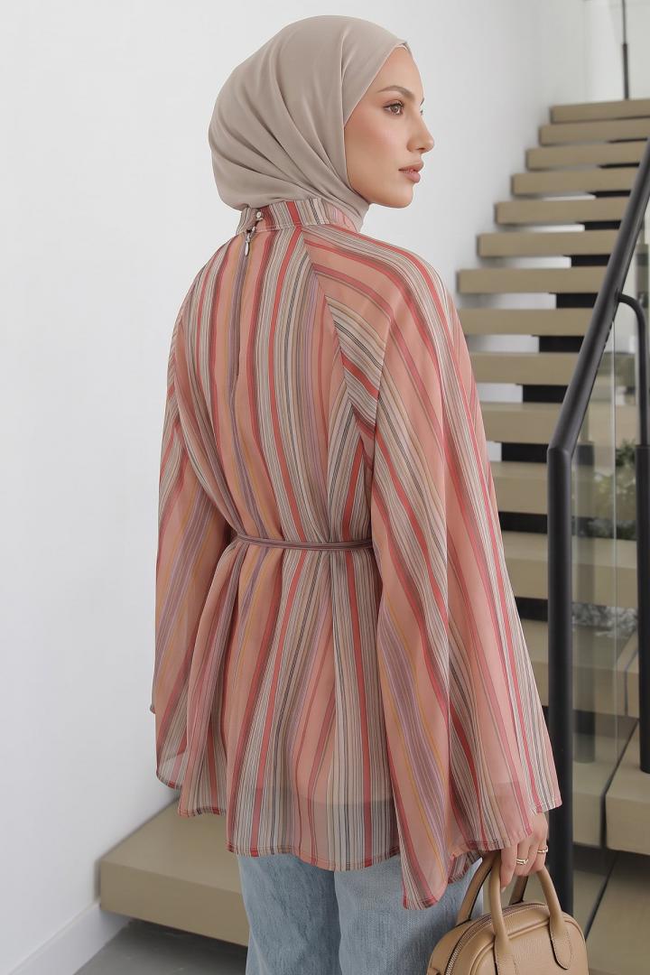 Çizgili Reglan Kol Tunik 260203 - NAR ÇİÇEĞİ |  