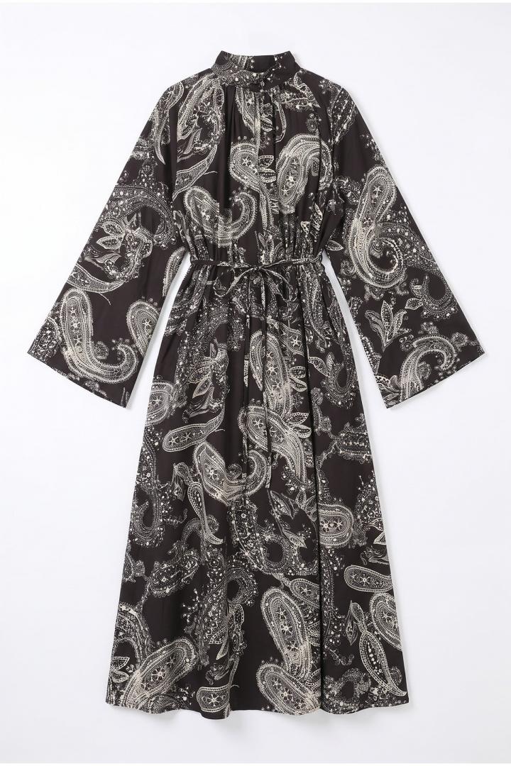 Buta Desenli  Elbise Y0165 - KOYU KAHVE |  