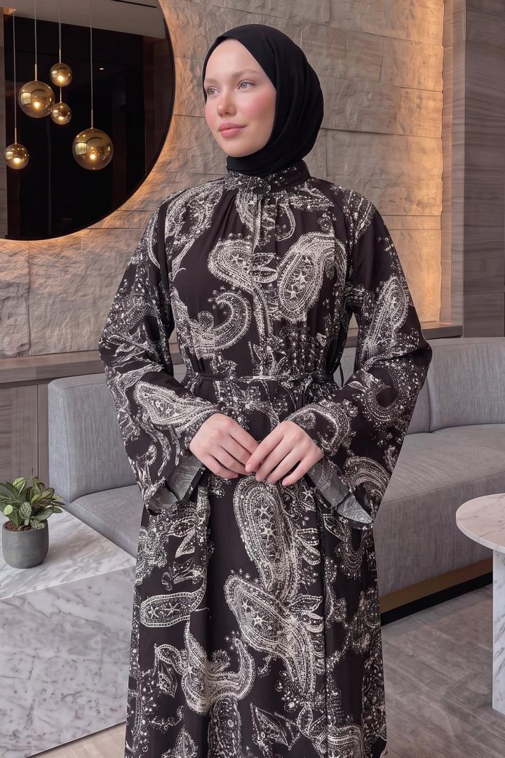Buta Desenli  Elbise Y0165 - KOYU KAHVE |  