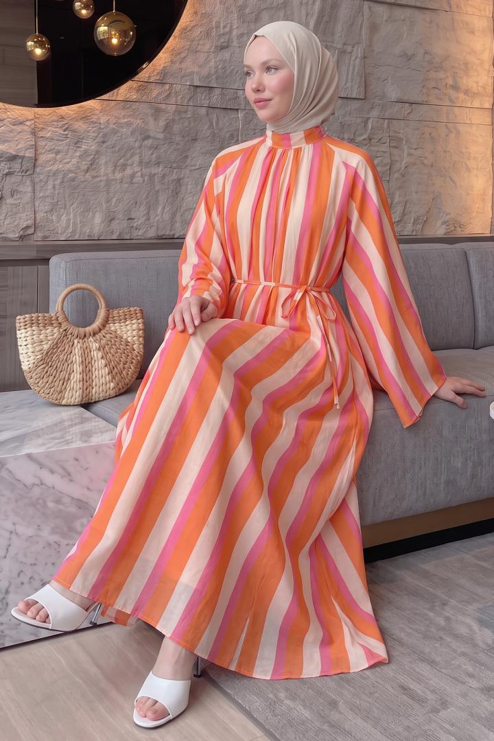 Çizgili  Elbise Y0165 - MERCAN |  
