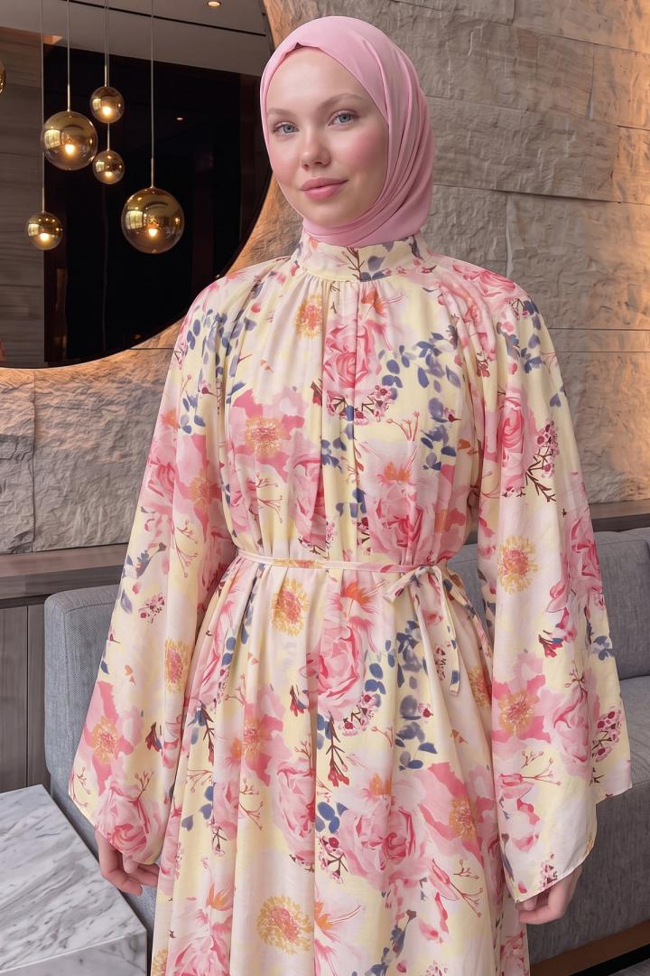 Çiçek Desenli  Elbise Y0165 - PUDRA |  