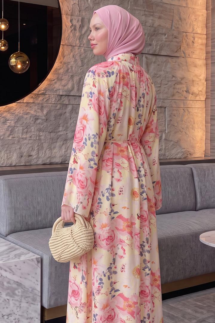 Çiçek Desenli  Elbise Y0165 - PUDRA |  