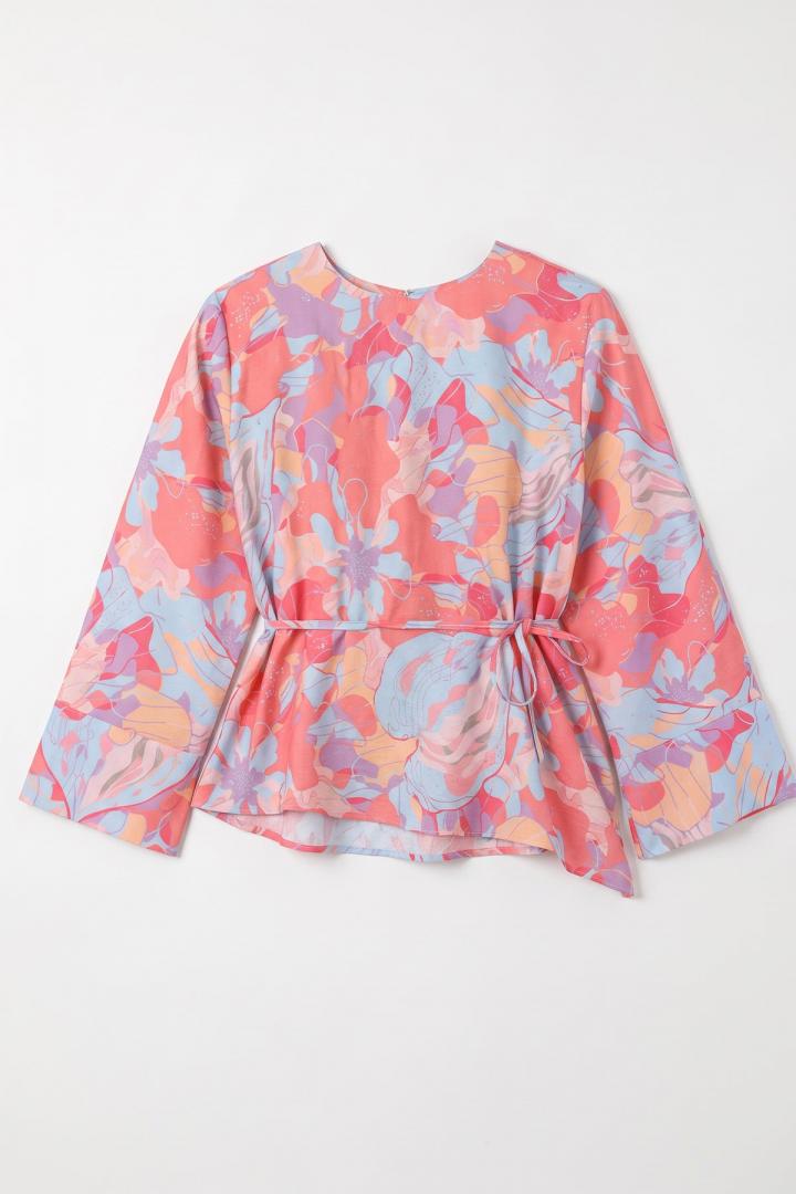 Çiçek Desenli Asimetrik Bluz Y0166 - PEMBE |  