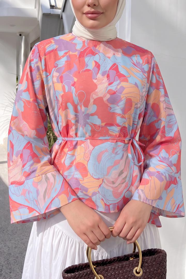 Çiçek Desenli Asimetrik Bluz Y0166 - PEMBE |  