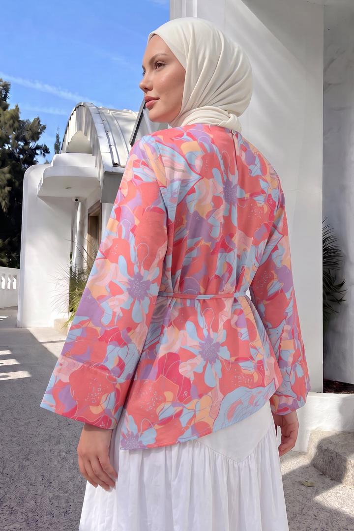 Çiçek Desenli Asimetrik Bluz Y0166 - PEMBE |  