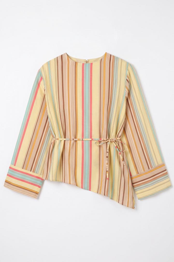 Çizgili  Asimetrik Bluz Y0166 - SARI |  