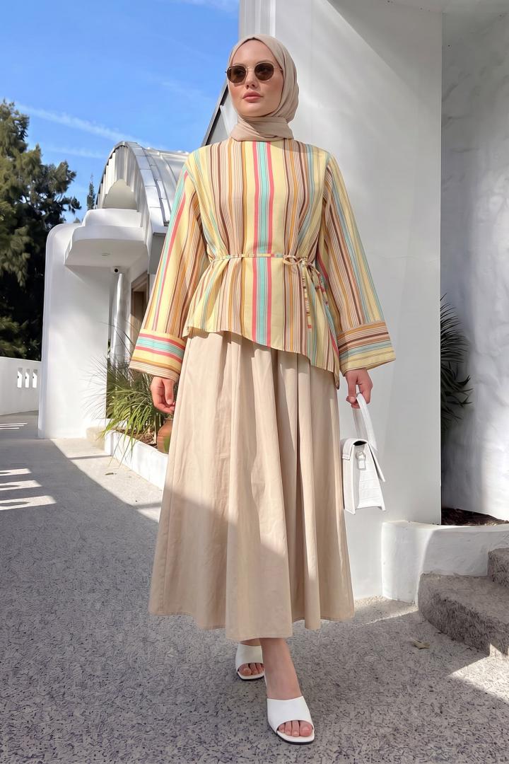 Çizgili  Asimetrik Bluz Y0166 - SARI |  
