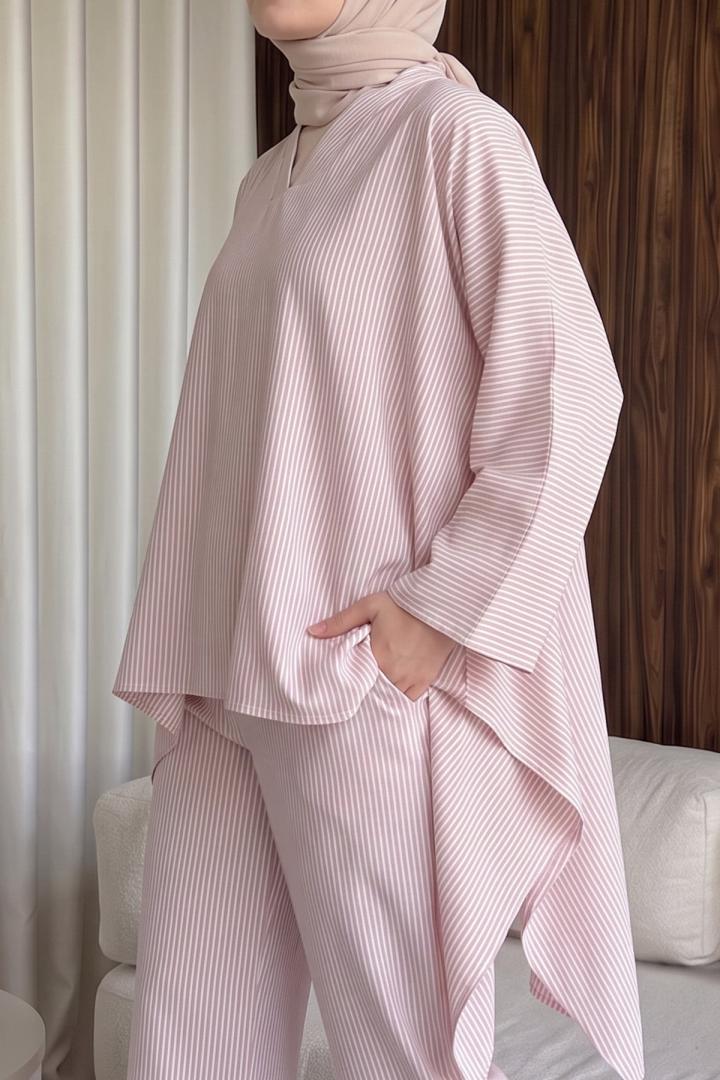 Asimetrik Kesim Çizgili  Takım Y0164 - PEMBE | Salih Çelebi 
