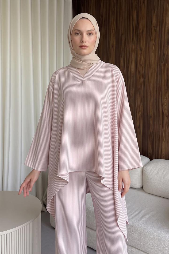 Asimetrik Kesim Çizgili  Takım Y0164 - PEMBE |  