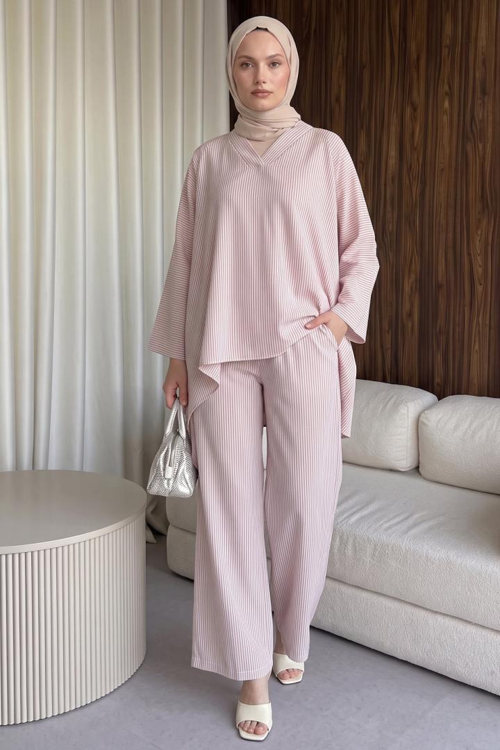 Asimetrik Kesim Çizgili  Takım Y0164 - PEMBE |  