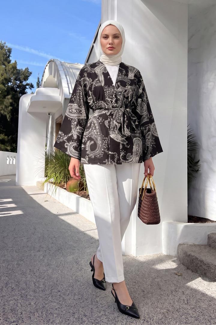 Buta Desenli Kimono Y0167 - KOYU KAHVE |  