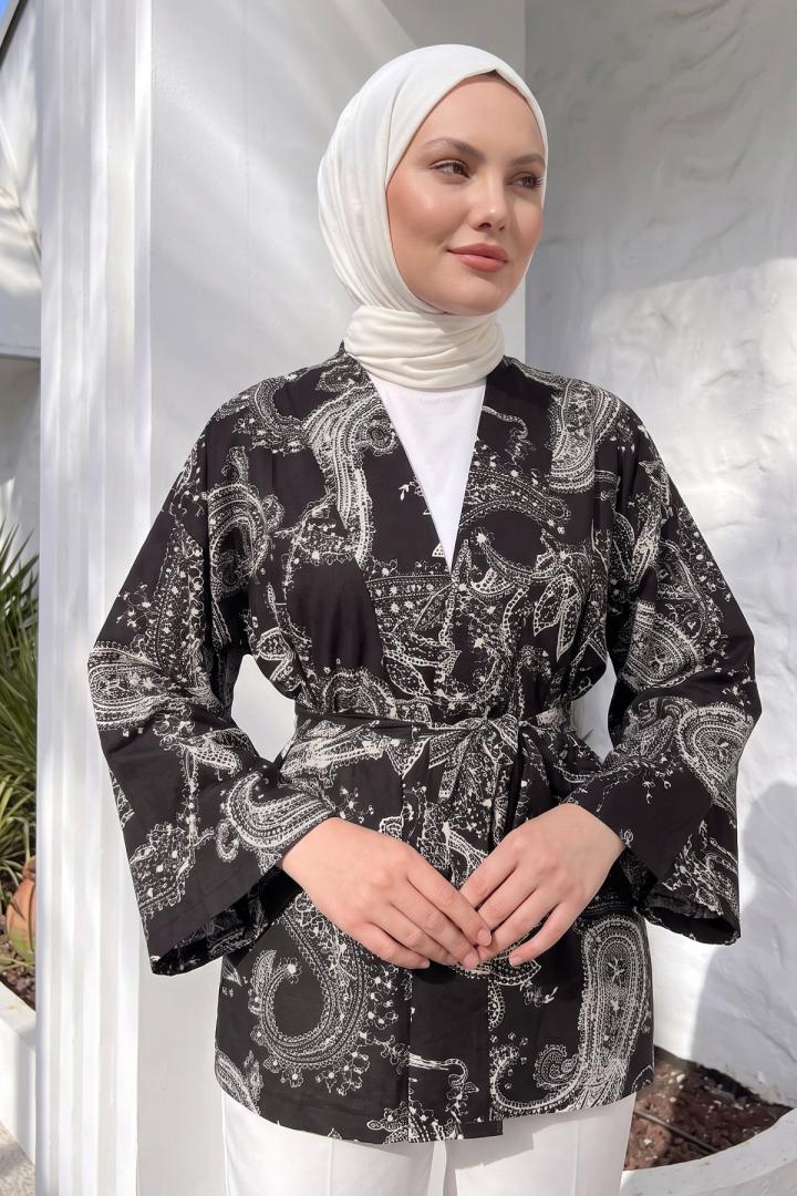 Buta Desenli Kimono Y0167 - KOYU KAHVE |  